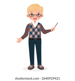Standing smiling and friendly business man teacher with glasses, with blond hair and jeans. Cartoon character shows wooden pointer pencil on white background. Vector illustration in flat style