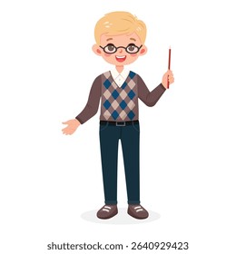 Standing smiling and friendly business man teacher with glasses, with blond hair and jeans. Cartoon character shows wooden pointer pencil on white background. Vector illustration in flat style