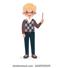 Standing smiling and friendly business man teacher with glasses, with blond hair and jeans. Cartoon character shows wooden pointer pencil on white background. Vector illustration in flat style