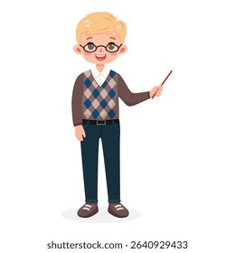 Standing smiling and friendly business man teacher with glasses, with blond hair and jeans. Cartoon character shows wooden pointer pencil on white background. Vector illustration in flat style