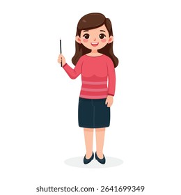 Standing smiling and friendly business woman teacher with wooden pointer pencil on white background. Poster, Banner, Flyer. Vector illustration in flat cartoon style