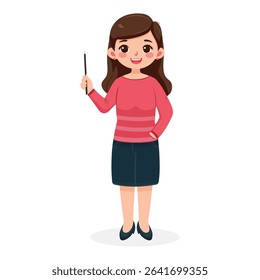 Standing smiling and friendly business woman teacher with wooden pointer pencil on white background. Poster, Banner, Flyer. Vector illustration in flat cartoon style