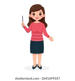 Standing smiling and friendly business woman teacher with wooden pointer pencil on white background. Poster, Banner, Flyer. Vector illustration in flat cartoon style