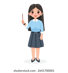 Standing smiling and friendly business woman teacher with wooden pointer pencil on white background. Poster, Banner, Flyer. Vector illustration in flat cartoon style