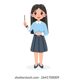 Standing smiling and friendly business woman teacher with wooden pointer pencil on white background. Poster, Banner, Flyer. Vector illustration in flat cartoon style