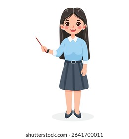 Standing smiling and friendly business woman teacher with wooden pointer pencil on white background. Poster, Banner, Flyer. Vector illustration in flat cartoon style
