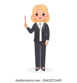Standing smiling and friendly business woman teacher with wooden pointer pencil in a formal grey business suit on white background. Poster, Banner, Flyer. Vector illustration in flat cartoon style