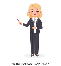 Standing smiling and friendly business woman teacher with wooden pointer pencil in a formal grey business suit on white background. Poster, Banner, Flyer. Vector illustration in flat cartoon style