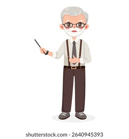 Standing smiling and friendly old business man teacher in a shirt and tie, shows wooden pointer pencil on white background. Poster, Banner, Flyer. Vector illustration in flat cartoon style