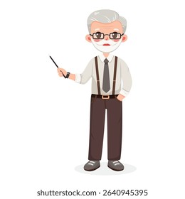 Standing smiling and friendly old business man teacher in a shirt and tie, shows wooden pointer pencil on white background. Poster, Banner, Flyer. Vector illustration in flat cartoon style