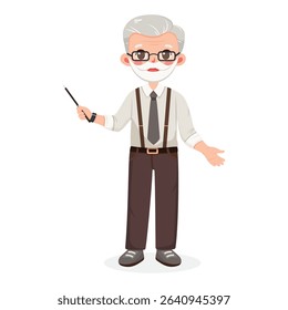 Standing smiling and friendly old business man teacher in a shirt and tie, shows wooden pointer pencil on white background. Poster, Banner, Flyer. Vector illustration in flat cartoon style
