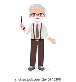 Standing smiling and friendly old business man teacher in a shirt and tie, shows wooden pointer pencil on white background. Poster, Banner, Flyer. Vector illustration in flat cartoon style