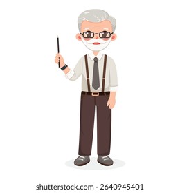 Standing smiling and friendly old business man teacher in a shirt and tie, shows wooden pointer pencil on white background. Poster, Banner, Flyer. Vector illustration in flat cartoon style