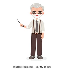Standing smiling and friendly old business man teacher in a shirt and tie, shows wooden pointer pencil on white background. Poster, Banner, Flyer. Vector illustration in flat cartoon style