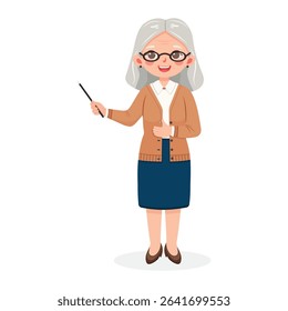 Standing smiling and friendly old business woman teacher with wooden pointer pencil and with gray hair and glasses on white background. Poster, Banner, Flyer. Vector illustration in flat cartoon style