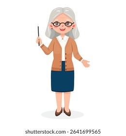 Standing smiling and friendly old business woman teacher with wooden pointer pencil and with gray hair and glasses on white background. Poster, Banner, Flyer. Vector illustration in flat cartoon style