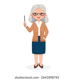 Standing smiling and friendly old business woman teacher with wooden pointer pencil and with gray hair and glasses on white background. Poster, Banner, Flyer. Vector illustration in flat cartoon style
