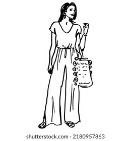 Standing smiling pretty young woman holding bag. Hand drawn linear doodle rough sketch. Black silhouette on white background.