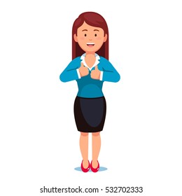 Standing smiling redhead businesswoman in official suit showing thumbs up gesture with her hands. Flat style vector illustration isolated on white background.