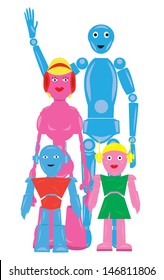 A standing smiling robot family, parents with children.