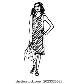 Standing smiling young woman wearing a short dress and holding a bag. Hand drawn linear doodle rough sketch. Black silhouette on white background.