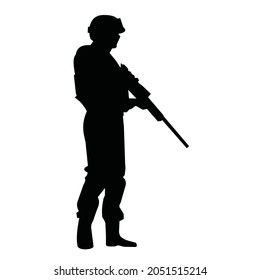 Standing Sniper Holding Sniper Riffle Silhouette Vector Design