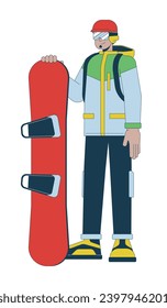 Standing snowboarder with helmet 2D linear cartoon character. Young adult arab man isolated line vector person white background. Winter extreme sports enthusiast color flat spot illustration