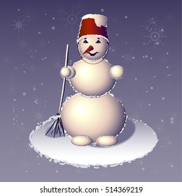 the standing snowman with the broom in a hand on a violet background with snowflakes  