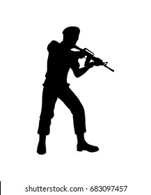 Standing soldier with rifle silhouette vector isolated on white background.