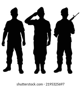 Standing soldier silhouette vector on white background, private, troops, army.