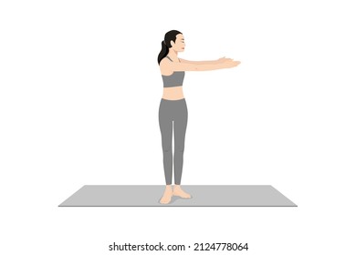 Standing Spinal Twist Pose l. Beautiful girl practice Katichakrasana l. Young attractive woman practicing yoga exercise. working out, black wearing sportswear, grey pants and top, indoor full length