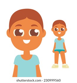 standing sporty smiling girl with brown eyes and blue t-shirt, cartoon flat style character, vector illustration icon.