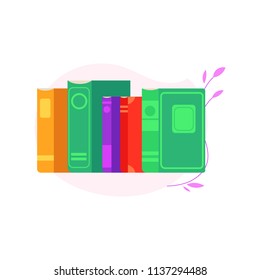 Standing stack of books with colorful covers and paper pages isolated on white background with decoration - symbol of bookshelf for studying or literary leisure in flat vector illustration.