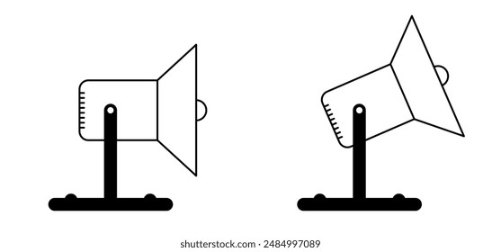 Standing stage or platform photostudio lamp. Spotlight on ( ceiling ) rail. White cubes flashlight Lighting. Spotlights. Vector photo studio flashes. Cartoon lamps. Theatre tage light bulb.