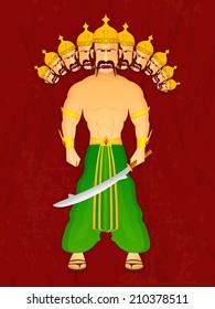 Standing statue of Ravana with his ten heads in green traditional clothes, holding sword on maroon background for Dussehra festival. 