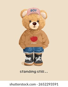 slogan de pé com boneca de urso em suéter e tênis ilustração vetor