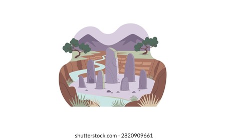 Standing stones arranged in a river valley landscape with distant mountains.