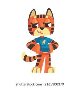 Standing Striped Tiger Character with Orange Fur Wearing Blue Sweatshirt and Smiling Vector Illustration