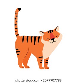 Standing Striped Tiger with Orange Fur and Upward Tail Vector Illustration