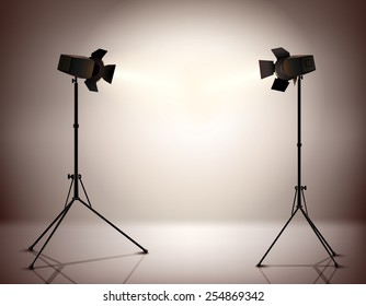 Standing strobe tripods electrical spotlights professional photograph equipment realistic background vector illustration