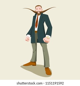Standing strong man in a business suit with a huge mustache. Movember