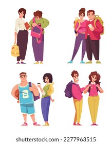 Standing studens with backpacks cartoon composition set isolated vector illustration