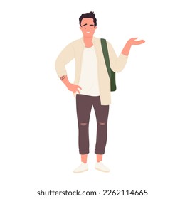 Standing student with presenting hand. Smiling school boy, pupil posing vector illustration