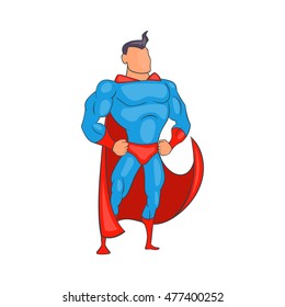 Standing Superhero in red cape icon in cartoon style isolated on white background
