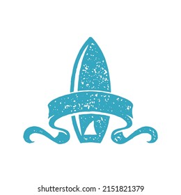 Standing surfboard decorated by tissue festive ribbon blue hand drawn grunge texture vector illustration. Surfing camp school logotype emblem decorative design extreme sport isolated on white