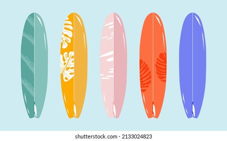 Standing surfboard set, tropical design.Variety of isolated hand-drawn vector surfing boards. Summer time. Summer sports and activities conceptual cartoon illustration. Trendy design for web and print