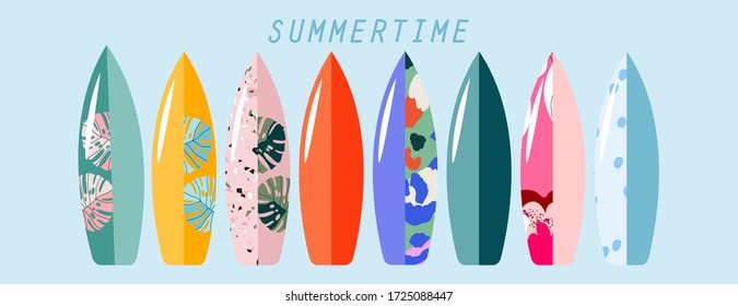 Standing surfboard set. Variety of isolated hand-drawn vector surfing boards. Summer sports and activities conceptual illustration. Trendy design for web and print.