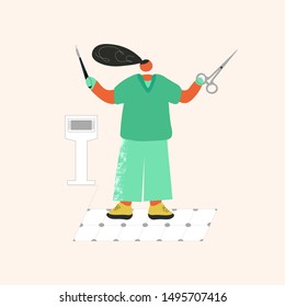 Standing surgion with knife and scissors hand drawn color illustration. Doctor in special clothes modern characters. Standing medical staff. Medical concept