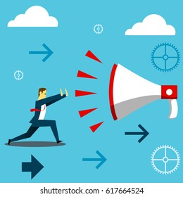 Standing survive. Businessman dispel shout of a giant megaphone. Concept business vector illustration.