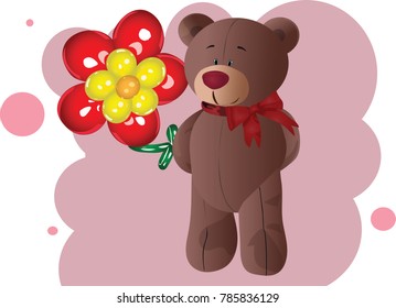 standing Teddy bear with a balloon in the shape of a flower on pink background
